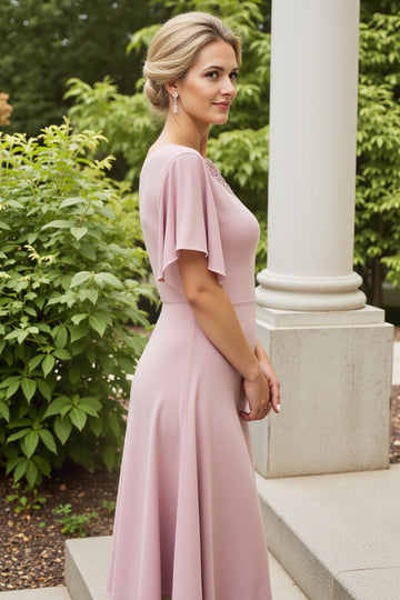 Dusty Rose Satin Sheath Long Mother of the Bride Dress with Half Sleeves